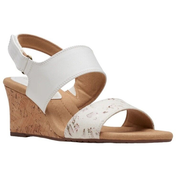 Clarks Kyarra Faye Sandals Size 9.5 Leather 26171239 Cork Wedge White Floral NEW - Picture 1 of 14